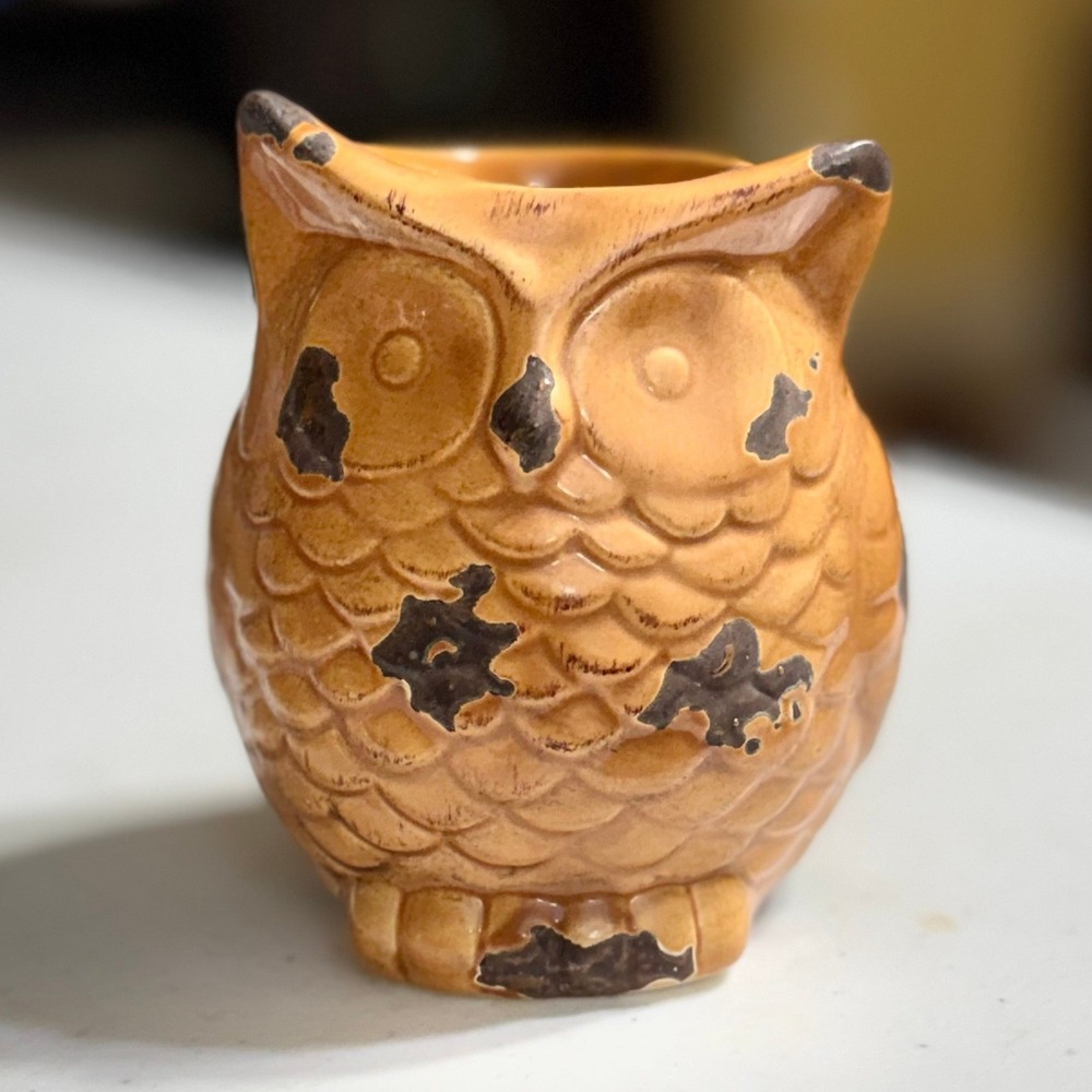 Ashland Owl Ceramic Candle Holder Small Tan Brown Rustic Distressed Decor